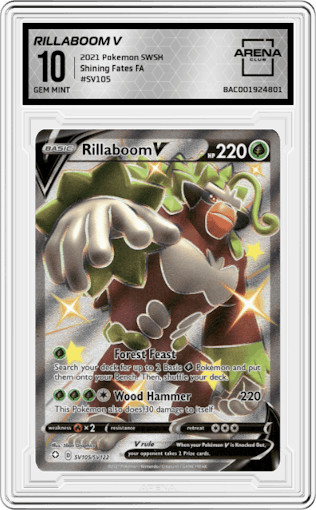 Rillaboom V from the 2021 Pokemon SWSH set graded by Arena Club and given an overall grade of 10.