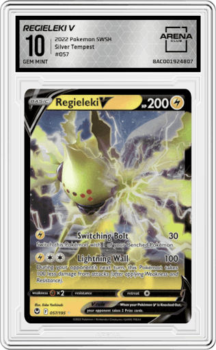 Regieleki V from the 2022 Pokemon SWSH set graded by Arena Club and given an overall grade of 10.