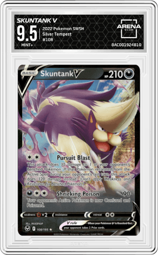 Skuntank V from the 2022 Pokemon SWSH set graded by Arena Club and given an overall grade of 9.5.