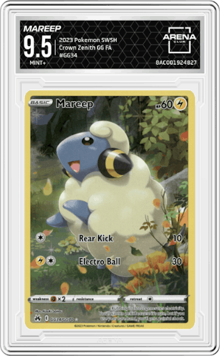 Mareep from the 2023 Pokemon SWSH set graded by Arena Club and given an overall grade of 9.5.