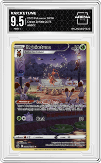 Kricketune from the 2023 Pokemon SWSH set graded by Arena Club and given an overall grade of 9.5.