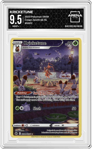 Kricketune from the 2023 Pokemon SWSH set graded by Arena Club and given an overall grade of 9.5.