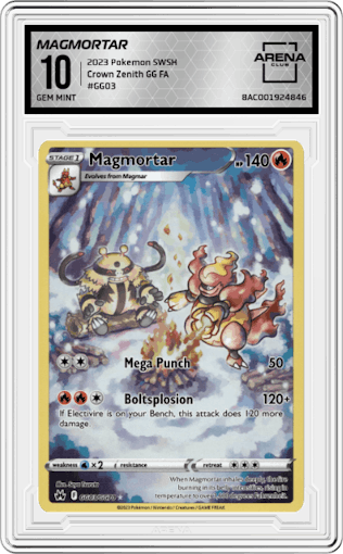 Magmortar from the 2023 Pokemon SWSH set graded by Arena Club and given an overall grade of 10.