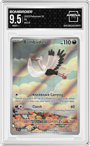 Bombirdier from the 2023 Pokemon SV set graded by Arena Club and given an overall grade of 9.5.
