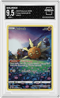 Solrock from the 2023 Pokemon SWSH set graded by Arena Club and given an overall grade of 9.5.