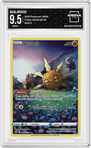 Solrock from the 2023 Pokemon SWSH set graded by Arena Club and given an overall grade of 9.5.