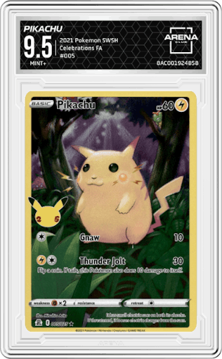 Pikachu from the 2021 Pokemon SWSH set graded by Arena Club and given an overall grade of 9.5.