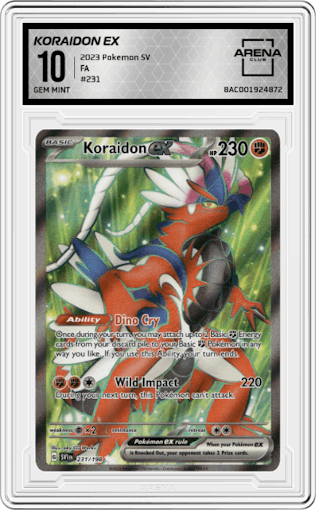 Koraidon ex from the 2023 Pokemon SV set graded by Arena Club and given an overall grade of 10.