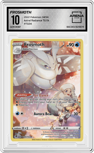 Frosmoth from the 2022 Pokemon SWSH set graded by Arena Club and given an overall grade of 10.