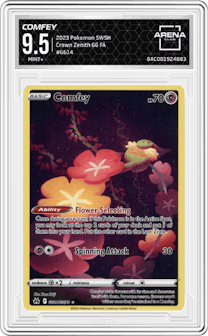 Comfey from the 2023 Pokemon SWSH set graded by Arena Club and given an overall grade of 9.5.