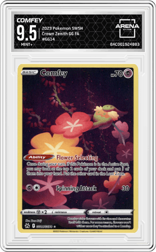 Comfey from the 2023 Pokemon SWSH set graded by Arena Club and given an overall grade of 9.5.