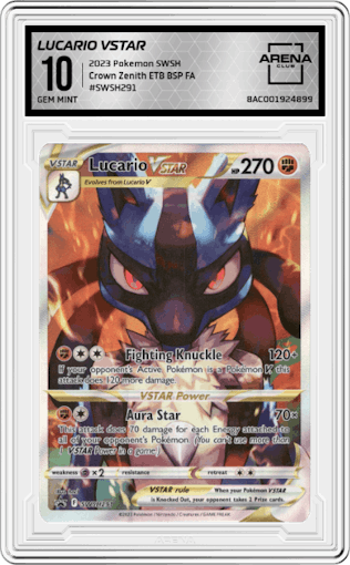 Lucario VStar from the 2023 Pokemon SWSH set featuring a Crown Zenith ETB parallel graded by Arena Club and given an overall grade of 10.