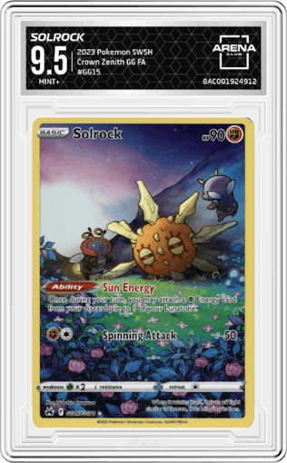 Solrock from the 2023 Pokemon SWSH set graded by Arena Club and given an overall grade of 9.5.