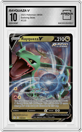 Rayquaza V from the 2021 Pokemon SWSH set graded by Arena Club and given an overall grade of 10.
