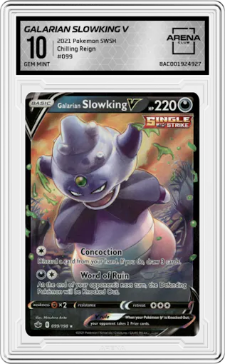 Galarian Slowking V from the 2021 Pokemon SWSH set graded by Arena Club and given an overall grade of 10.