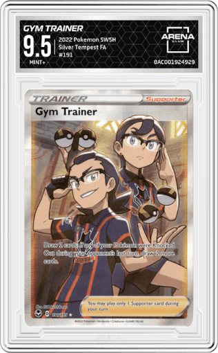 Gym Trainer from the 2022 Pokemon SWSH set graded by Arena Club and given an overall grade of 9.5.