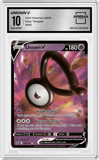 Unown V from the 2022 Pokemon SWSH set graded by Arena Club and given an overall grade of 10.