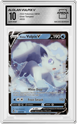 Alolan Vulpix V from the 2022 Pokemon SWSH set graded by Arena Club and given an overall grade of 10.