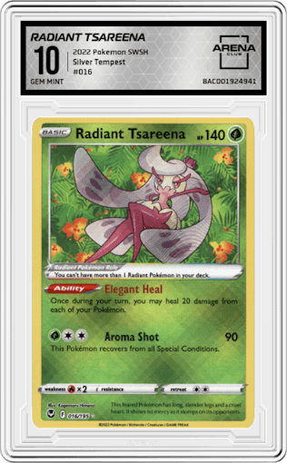 Radiant Tsareena from the 2022 Pokemon SWSH set graded by Arena Club and given an overall grade of 10.
