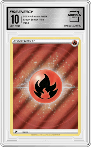 Fire Energy from the 2023 Pokemon SWSH set graded by Arena Club and given an overall grade of 10.