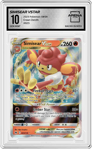 Simisear VSTAR from the 2023 Pokemon SWSH set graded by Arena Club and given an overall grade of 10.