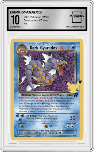 Dark Gyarados from the 2021 Pokemon SWSH set graded by Arena Club and given an overall grade of 10.