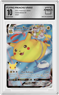 Flying Pikachu VMAX from the 2021 Pokemon SWSH set graded by Arena Club and given an overall grade of 10.