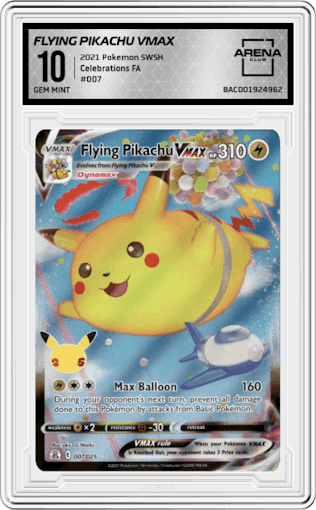 Flying Pikachu VMAX from the 2021 Pokemon SWSH set graded by Arena Club and given an overall grade of 10.