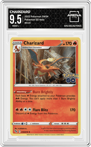 Charizard from the 2022 Pokemon SWSH set graded by Arena Club and given an overall grade of 9.5.