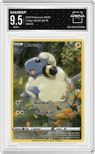 Mareep from the 2023 Pokemon SWSH set graded by Arena Club and given an overall grade of 9.5.