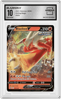 Blaziken V from the 2021 Pokemon SWSH set graded by Arena Club and given an overall grade of 10.