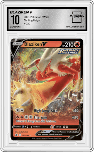 Blaziken V from the 2021 Pokemon SWSH set graded by Arena Club and given an overall grade of 10.