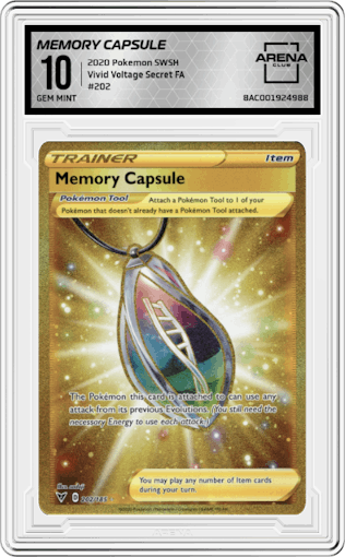 Memory Capsule from the 2020 Pokemon SWSH set graded by Arena Club and given an overall grade of 10.