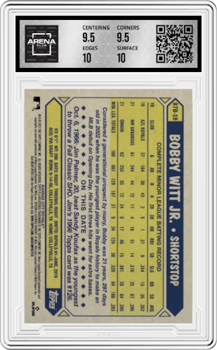 Bobby Witt Jr. from the 2022 Topps Baseball Japan Edition set graded by Arena Club and given an overall grade of 10.