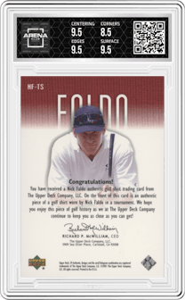 Nick Faldo from the 2001 Upper Deck SP Authentic set featuring a Red parallel graded by Arena Club and given an overall grade of 9.