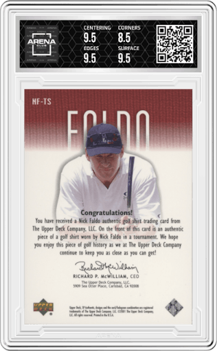 Nick Faldo from the 2001 Upper Deck SP Authentic set featuring a Red parallel graded by Arena Club and given an overall grade of 9.