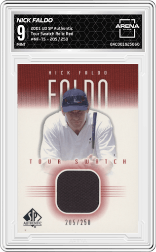 Nick Faldo from the 2001 Upper Deck SP Authentic set featuring a Red parallel graded by Arena Club and given an overall grade of 9.