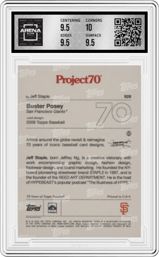 Buster Posey from the 2021 Topps Project70 set graded by Arena Club and given an overall grade of 10.
