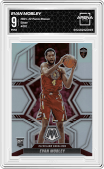Evan Mobley from the 2021-22 Panini Mosaic  set featuring a Silver parallel graded by Arena Club and given an overall grade of 9.
