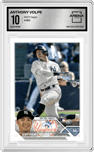 Anthony Volpe from the 2023 Topps set graded by Arena Club and given an overall grade of 10.