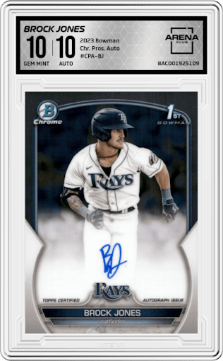 Brock Jones from the 2023 Bowman  set graded by Arena Club and given an overall grade of 10.