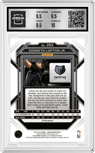 Kenneth Lofton Jr. from the 2022-23 Panini Prizm  set featuring a Silver Prizm parallel graded by Arena Club and given an overall grade of 10.