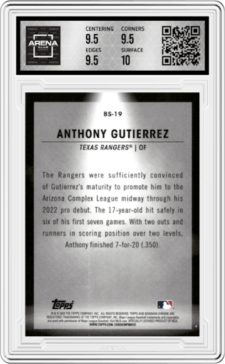 Anthony Gutierrez from the 2023 Bowman  set graded by Arena Club and given an overall grade of 10.
