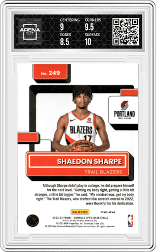 Shaedon Sharpe from the 2022-23 Panini Donruss Optic  set featuring a Holo parallel graded by Arena Club and given an overall grade of 9.