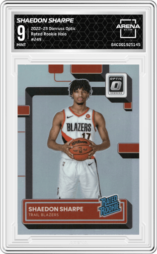 Shaedon Sharpe from the 2022-23 Panini Donruss Optic  set featuring a Holo parallel graded by Arena Club and given an overall grade of 9.