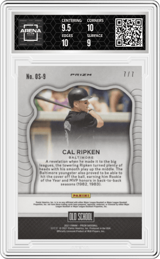 Cal Ripken from the 2021 Panini Prizm set featuring a Purple Shimmer parallel graded by Arena Club and given an overall grade of 9.5.