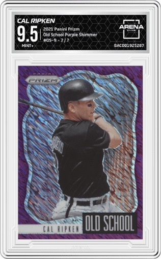 Cal Ripken from the 2021 Panini Prizm set featuring a Purple Shimmer parallel graded by Arena Club and given an overall grade of 9.5.