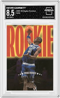 Kevin Garnett from the 1995-96 Skybox Premium set graded by Arena Club and given an overall grade of 8.5.