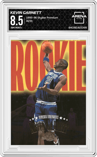 Kevin Garnett from the 1995-96 Skybox Premium set graded by Arena Club and given an overall grade of 8.5.
