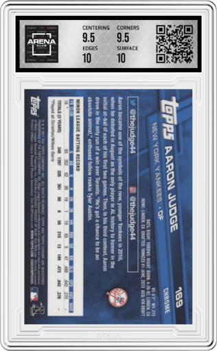 Aaron Judge from the 2017 Topps Chrome set featuring a Negative Refractor parallel graded by Arena Club and given an overall grade of 10.